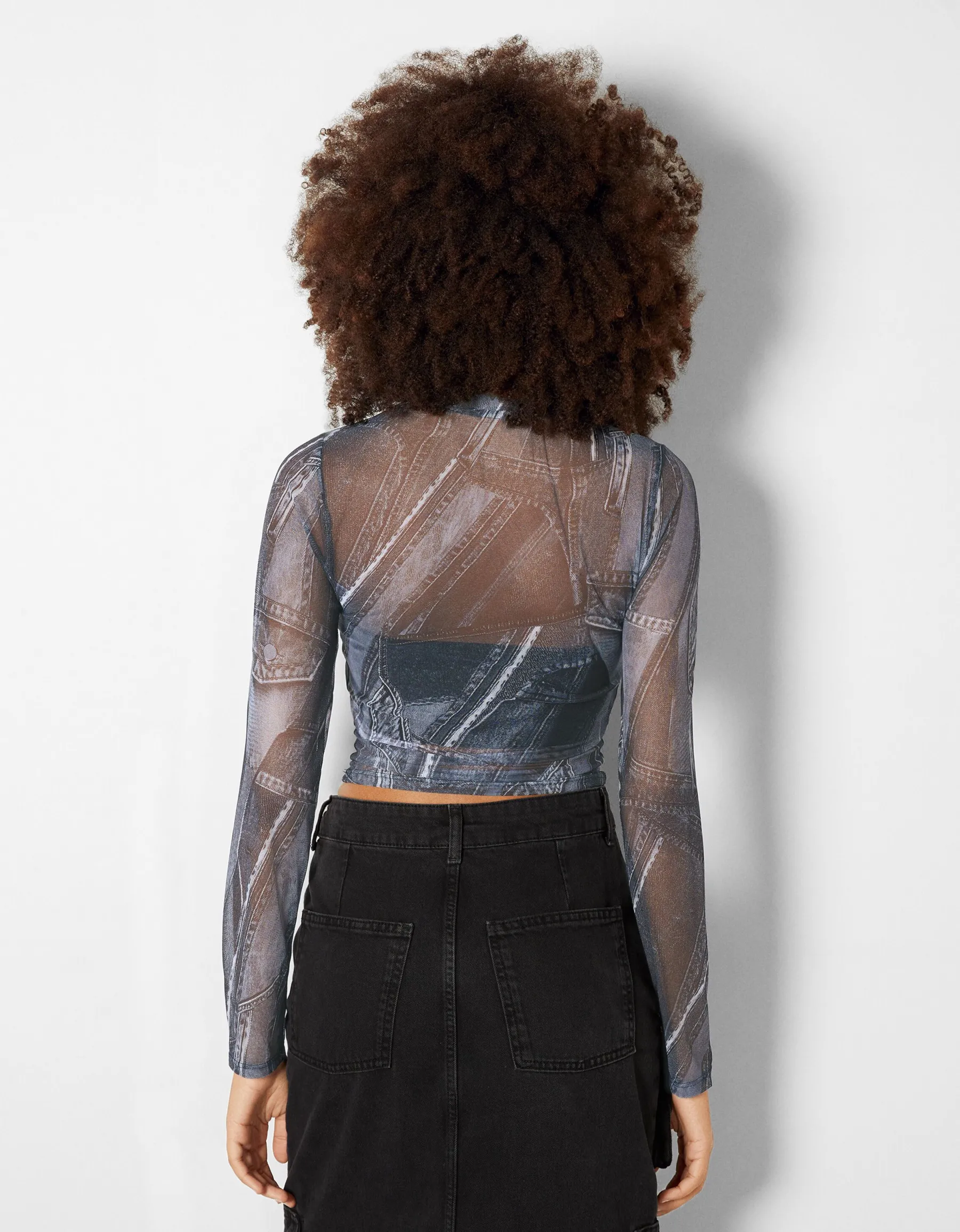 BERSHKA Top manches longues tulle effet denim Gris Online