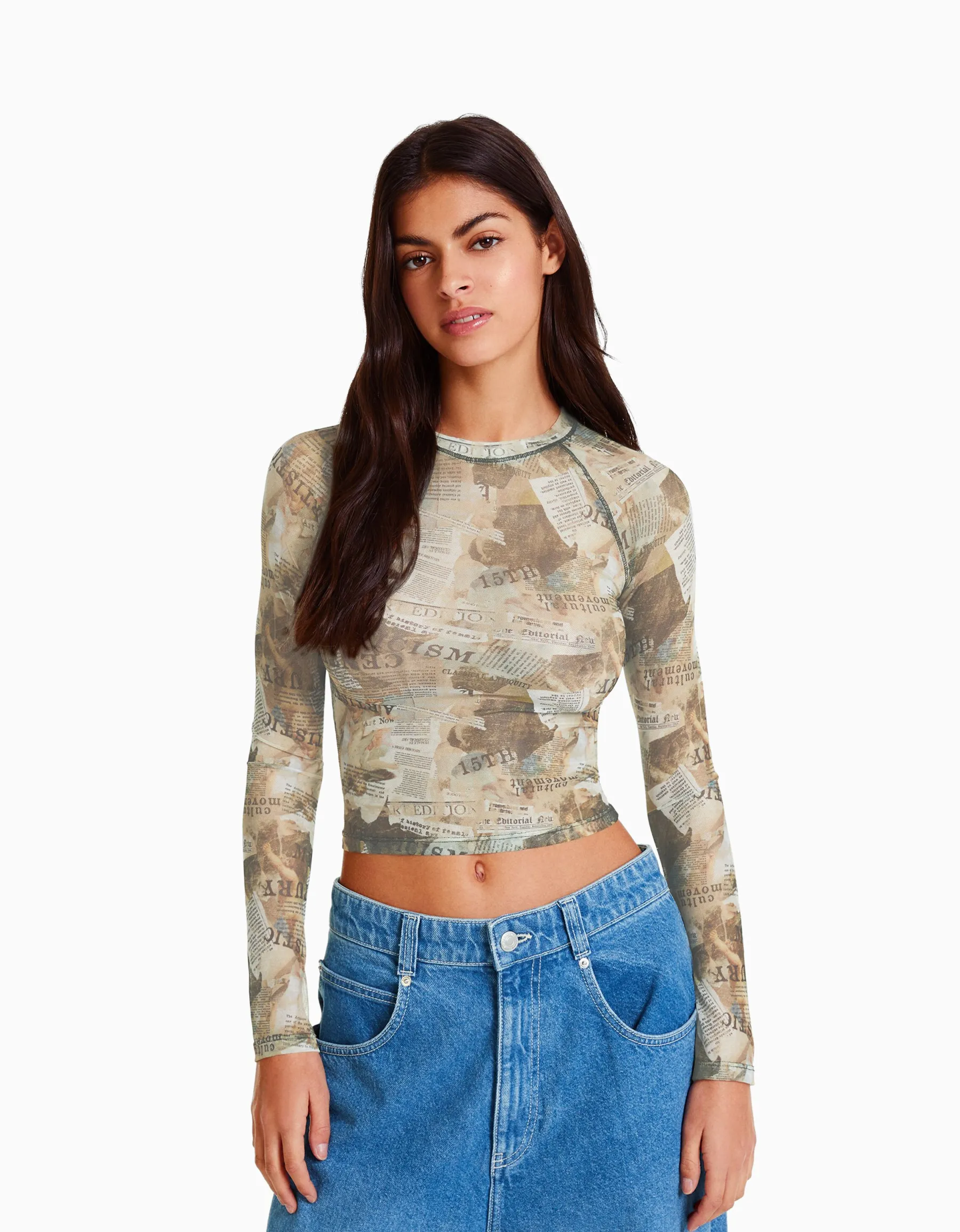 BERSHKA Top manches longues tulle raglan Rose Best