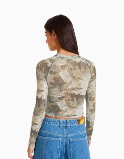 BERSHKA Top manches longues tulle raglan Rose Best