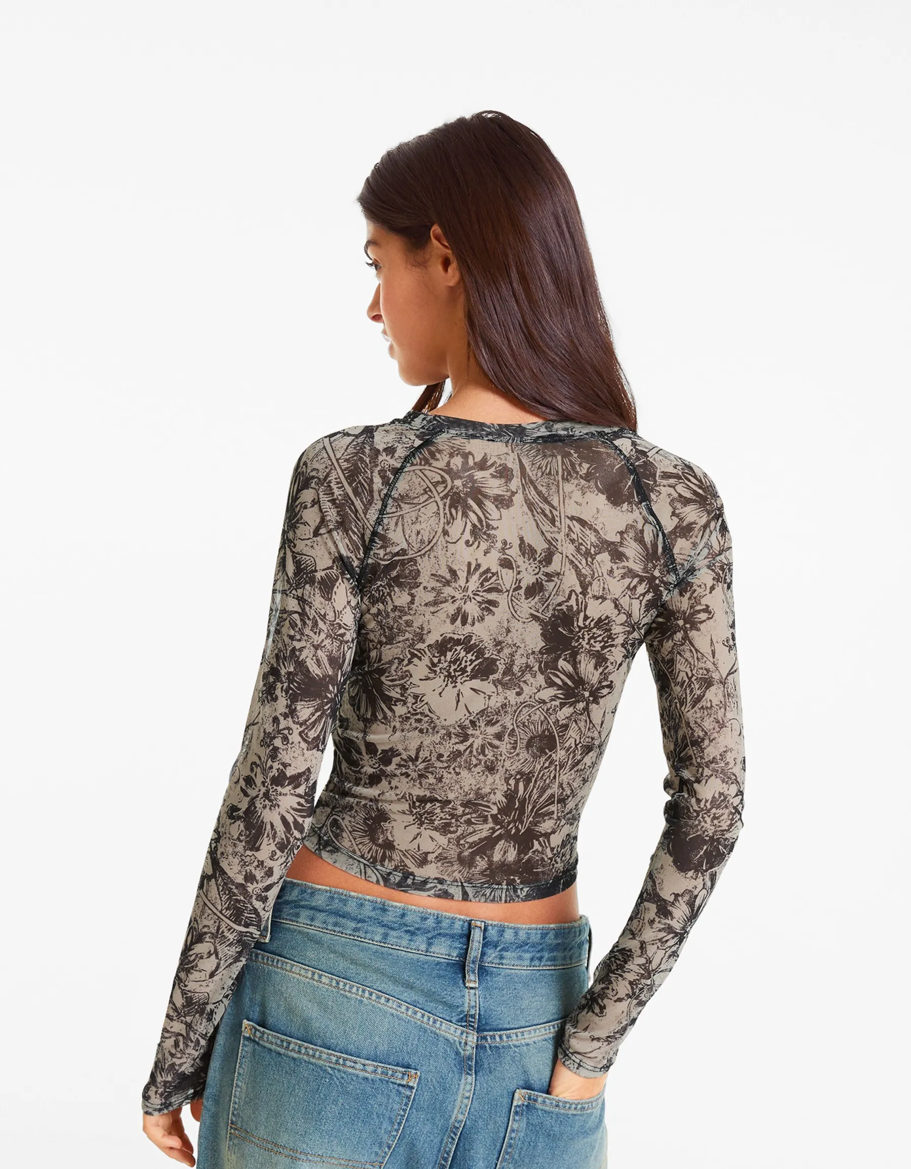 BERSHKA Top manches longues tulle raglan Rose Cheap
