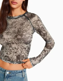 BERSHKA Top manches longues tulle raglan Rose Cheap