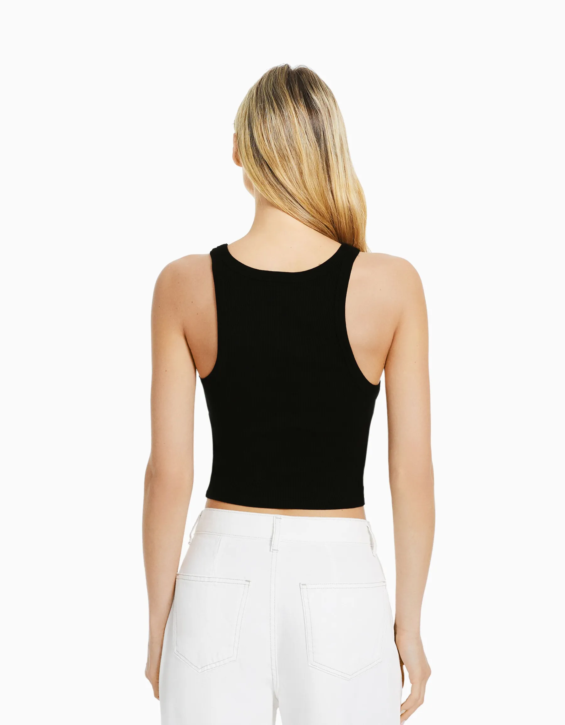 BERSHKA Top sans manches bord-côte Noir Fashion