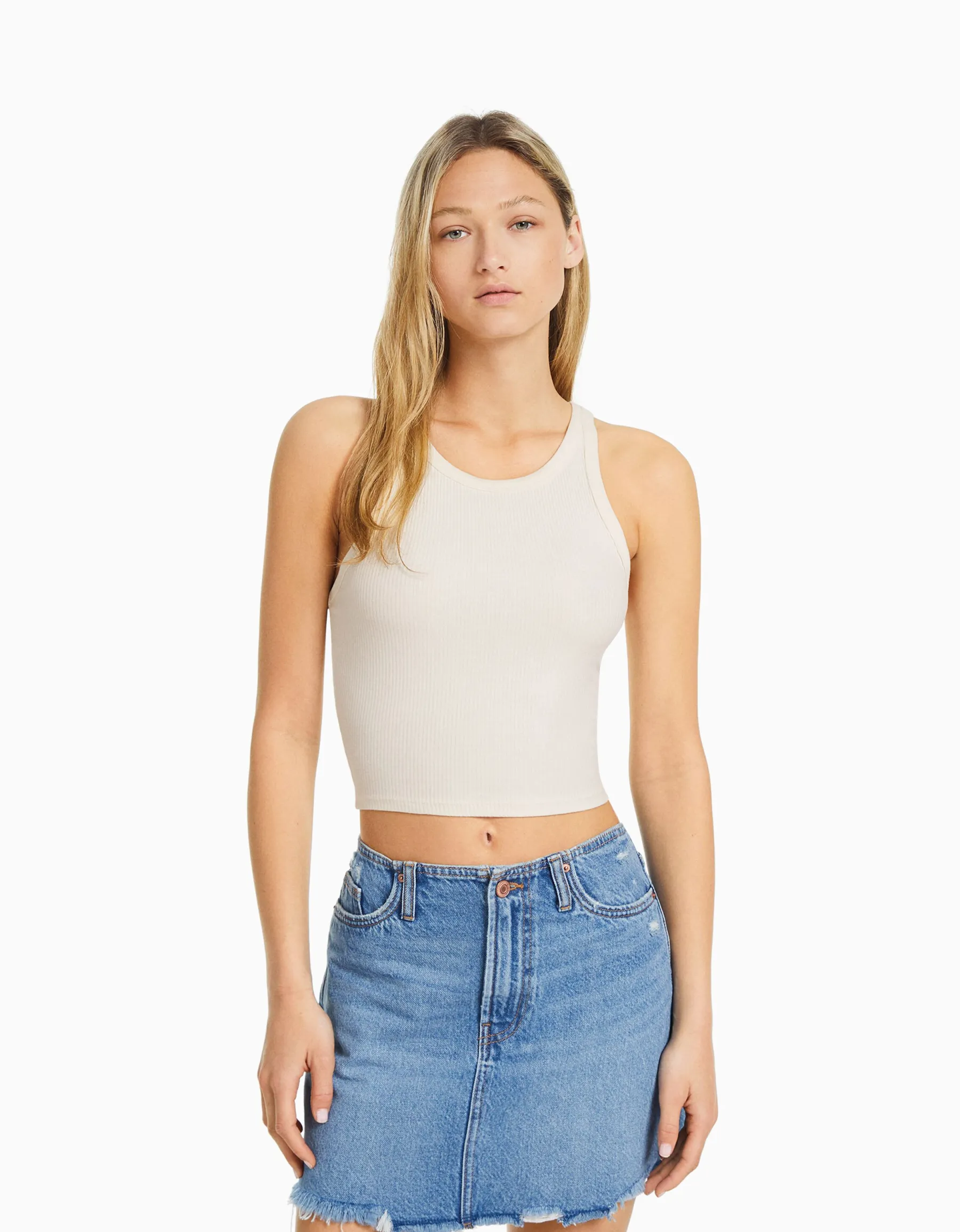 BERSHKA Top sans manches bord-côte Blanc Fashion