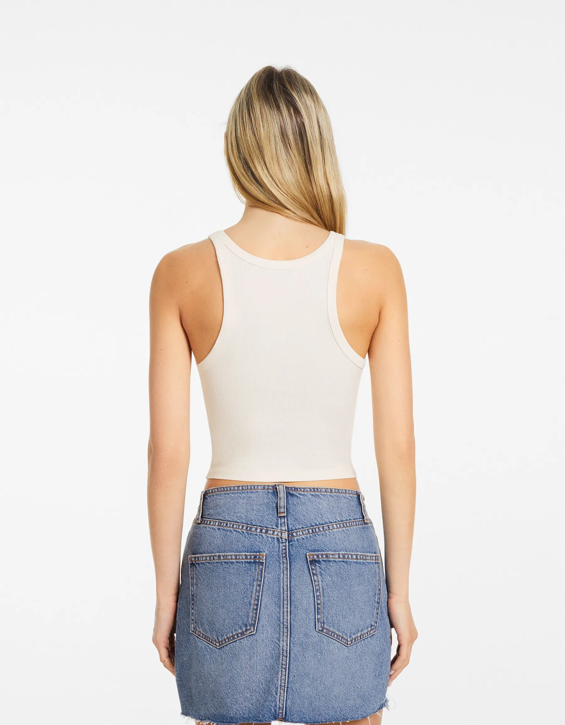 BERSHKA Top sans manches bord-côte Blanc Fashion