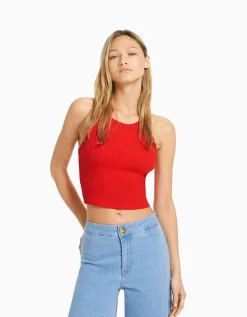 BERSHKA Top sans manches bord-côte Rouge Discount