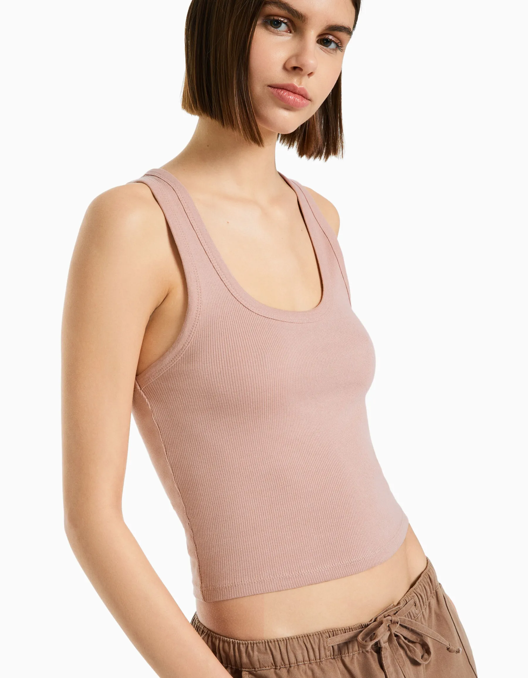 BERSHKA Top sans manches bord-côte Gris Clearance