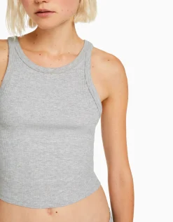 BERSHKA Top sans manches bord-côte Gris Store