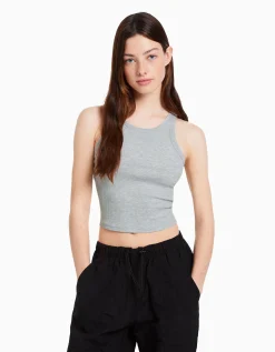 BERSHKA Top sans manches bord-côte Gris Fashion