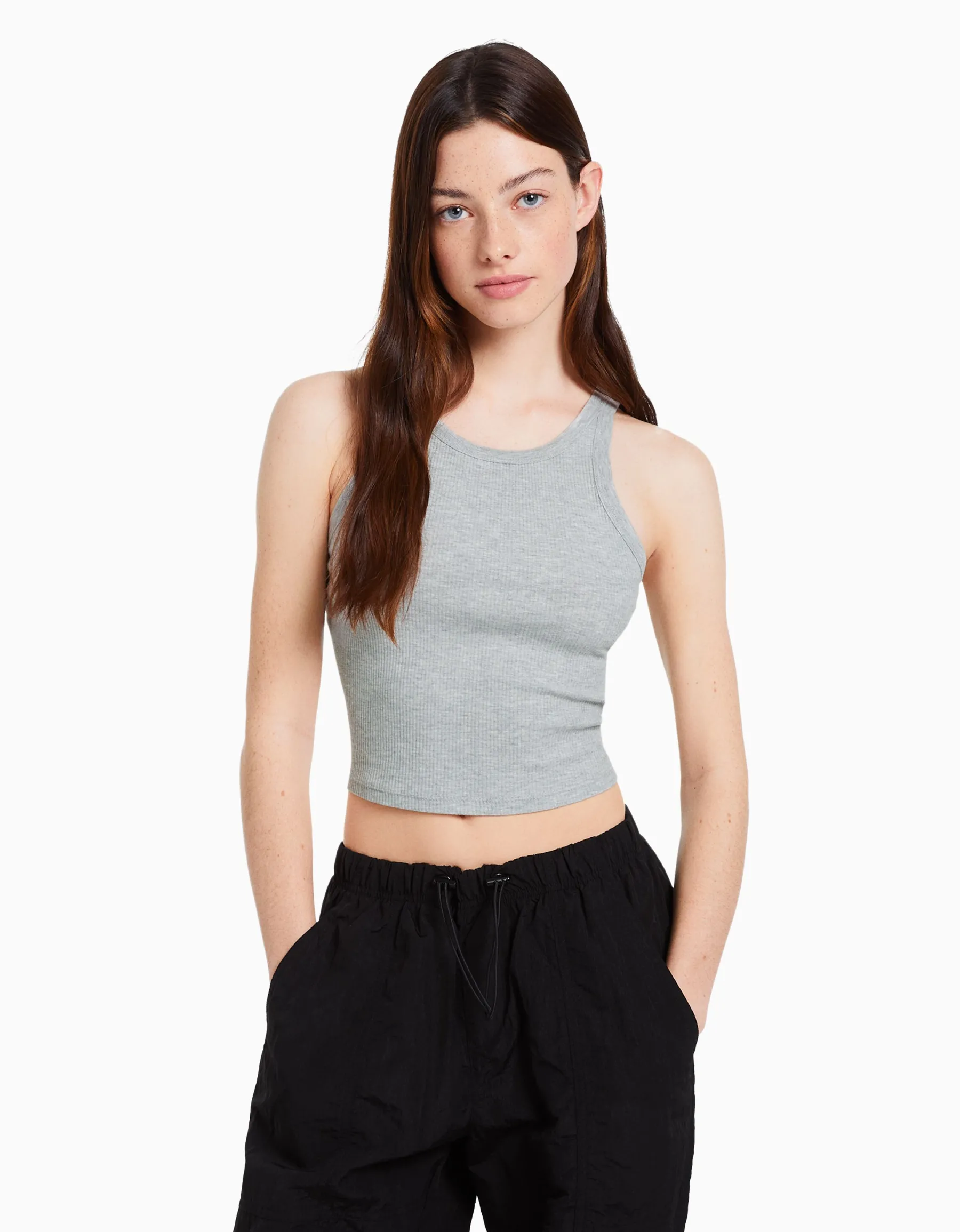 BERSHKA Top sans manches bord-côte Gris Fashion
