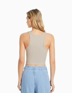BERSHKA Top sans manches bord-côte Beige Cheap