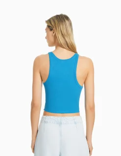 BERSHKA Top sans manches bord-côte Bleu New