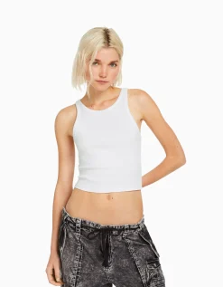 BERSHKA Top sans manches bord-côte Blanc cassé Discount