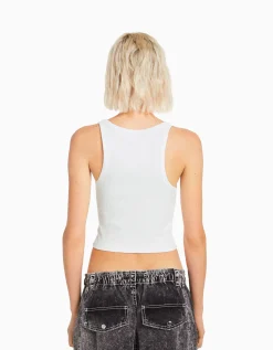 BERSHKA Top sans manches bord-côte Blanc cassé Discount