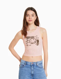 BERSHKA Top sans manches maille pointelle imprimé Nirvana Rose Best