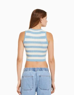 BERSHKA Top sans manches maille rayures Bleu clair Clearance