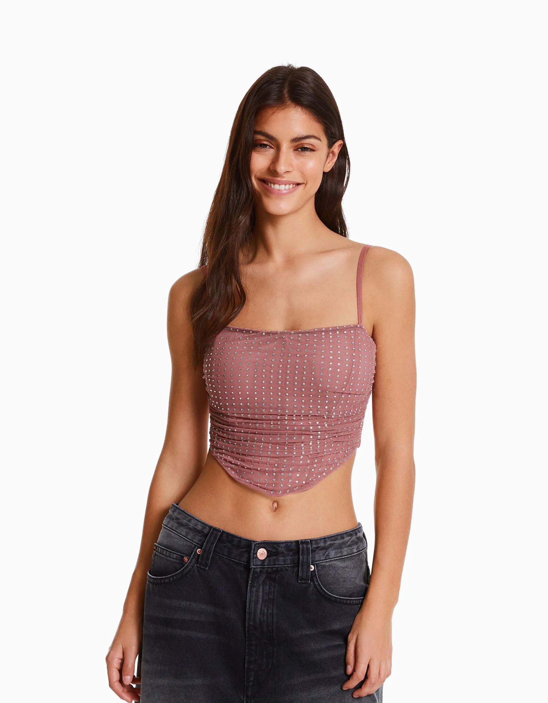 BERSHKA Top strass résille bretelles fines Rose New