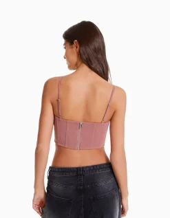 BERSHKA Top strass résille bretelles fines Rose New