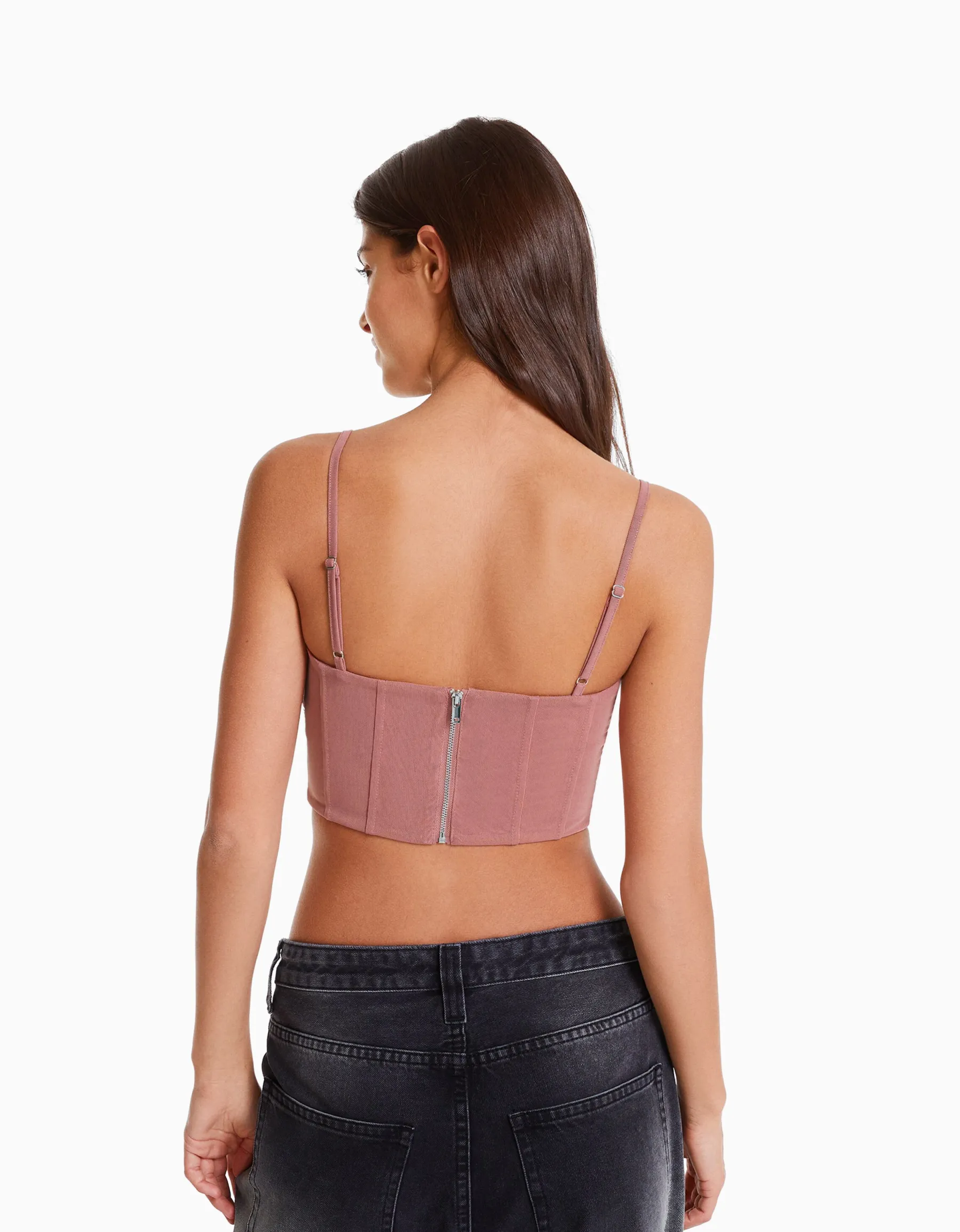 BERSHKA Top strass résille bretelles fines Rose New