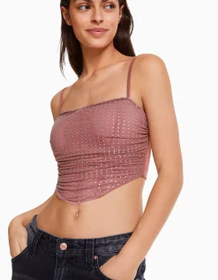 BERSHKA Top strass résille bretelles fines Rose New
