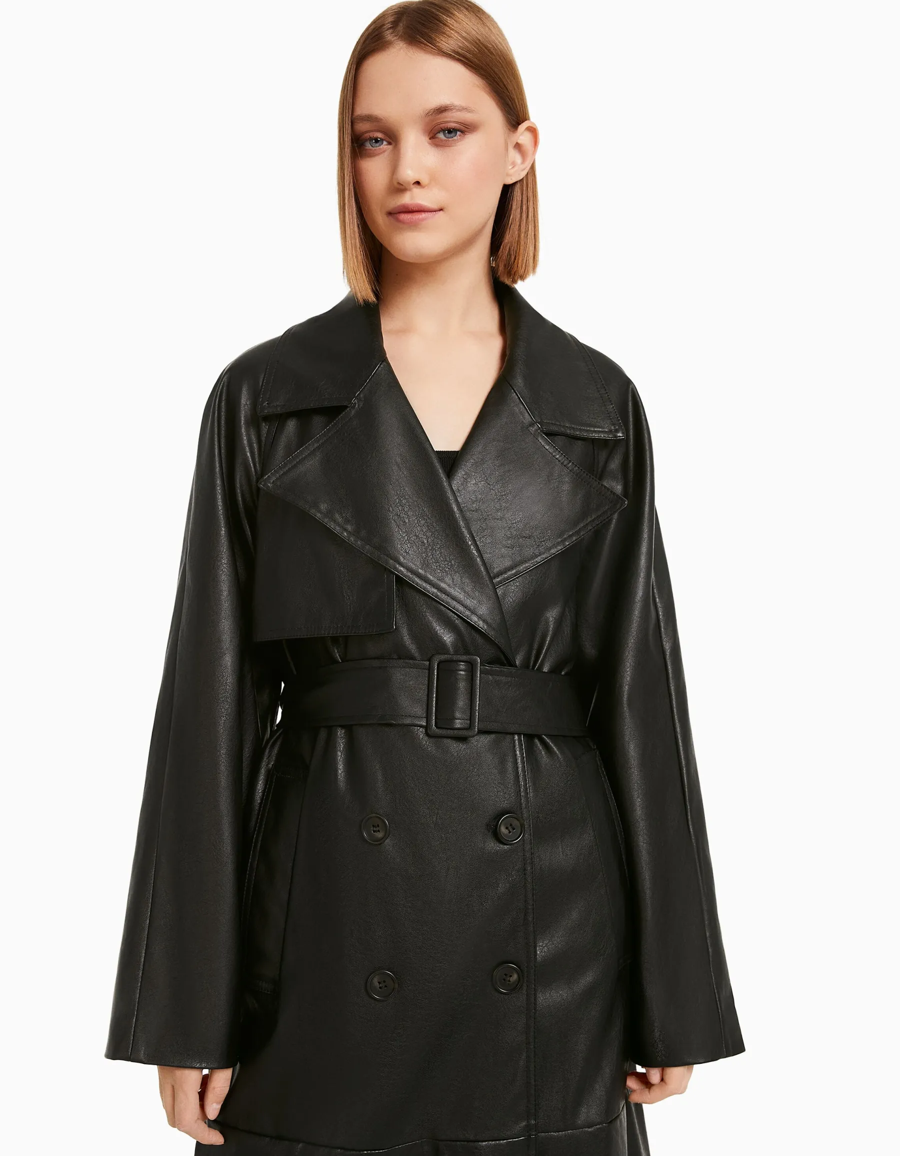 BERSHKA Trench similicuir Noir Cheap