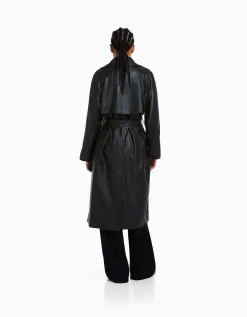BERSHKA Trench similicuir Noir Outlet