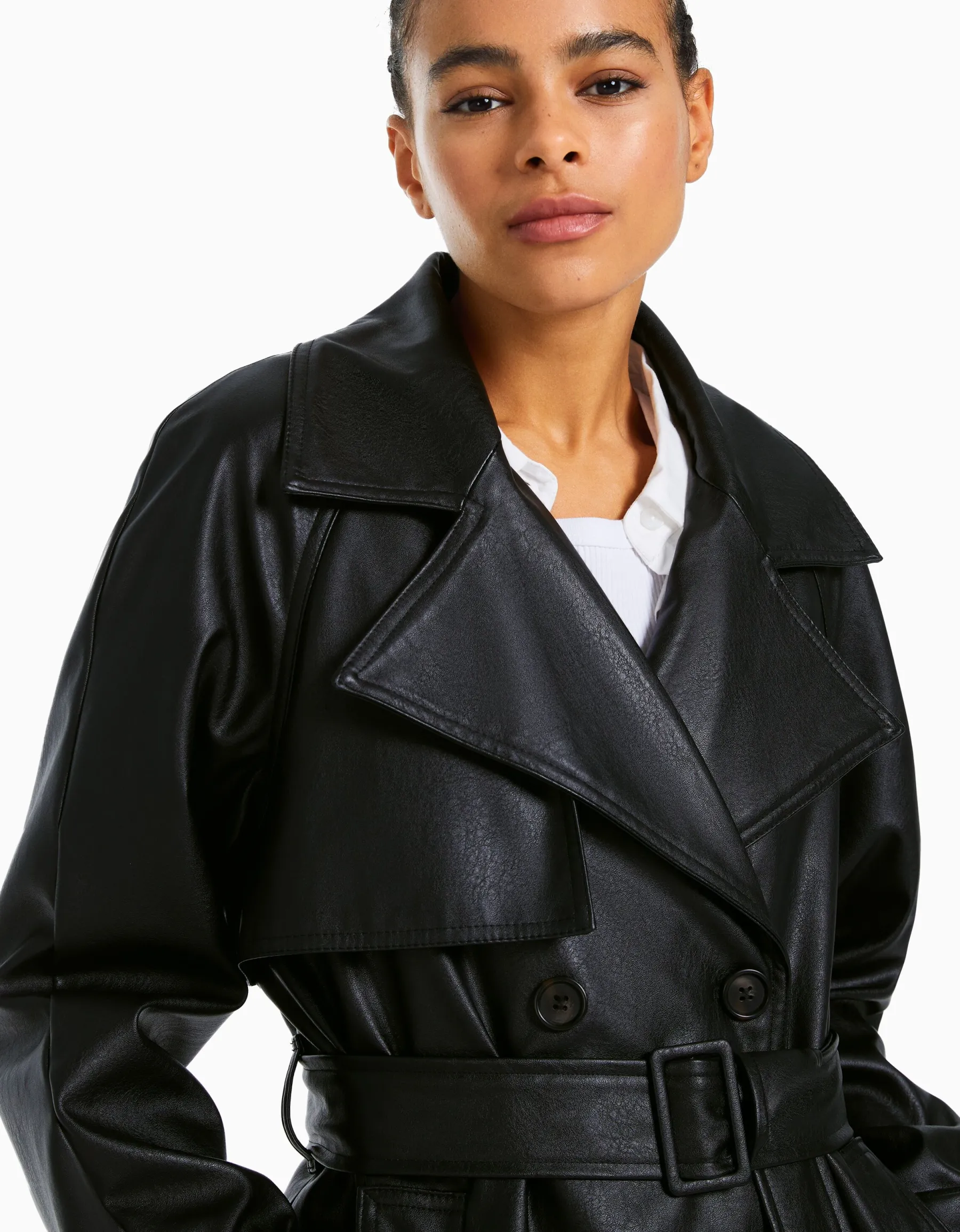 BERSHKA Trench similicuir Noir Outlet