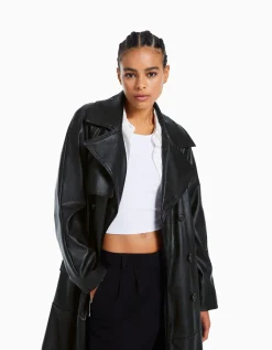 BERSHKA Trench similicuir Noir Outlet