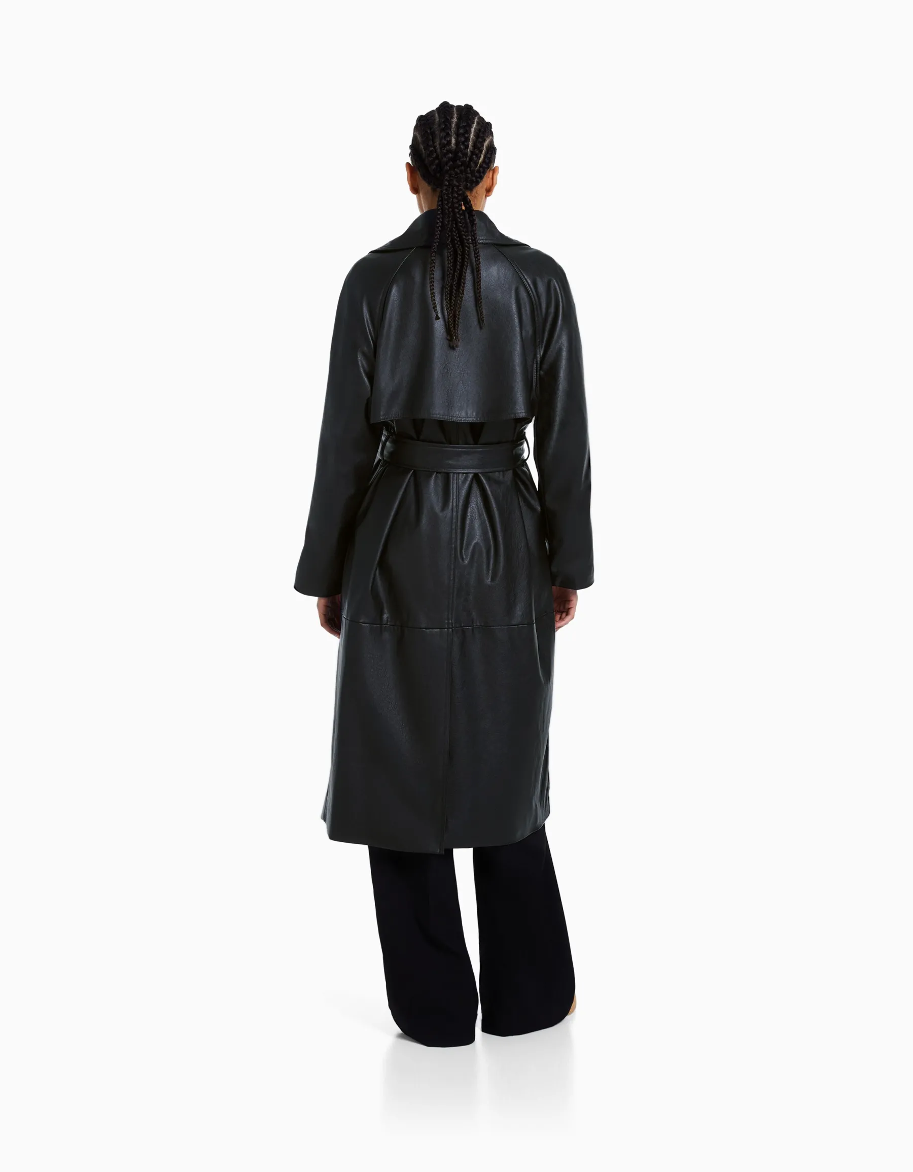 BERSHKA Trench similicuir Noir Outlet