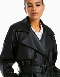 BERSHKA Trench similicuir Noir Outlet