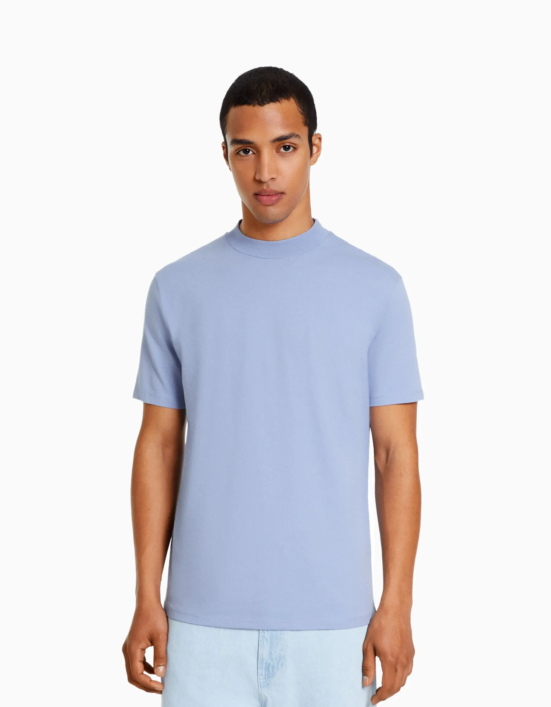 BERSHKA T-shirt à manches courtes et col montant Bleu Store