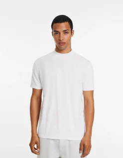 BERSHKA T-shirt à manches courtes et col montant Blanc Hot