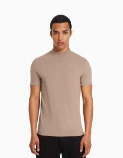 BERSHKA T-shirt à manches courtes et col montant Marron Cheap