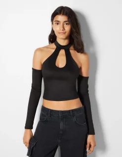 BERSHKA T-shirt à manches longues cut out Noir Discount