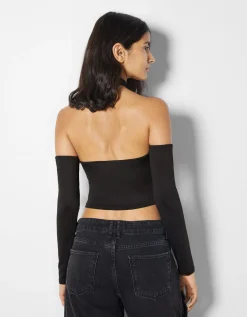 BERSHKA T-shirt à manches longues cut out Noir Discount