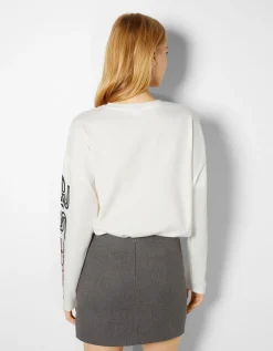 BERSHKA T-shirt à manches longues imprimé Blanc cassé New