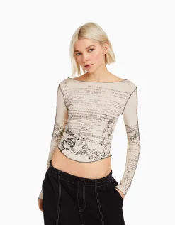 BERSHKA T-shirt à manches longues imprimé Sable Cheap