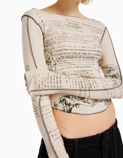 BERSHKA T-shirt à manches longues imprimé Sable Cheap