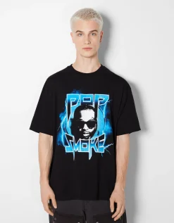 BERSHKA T-shirt boxy fit Pop Smoke Noir Clearance