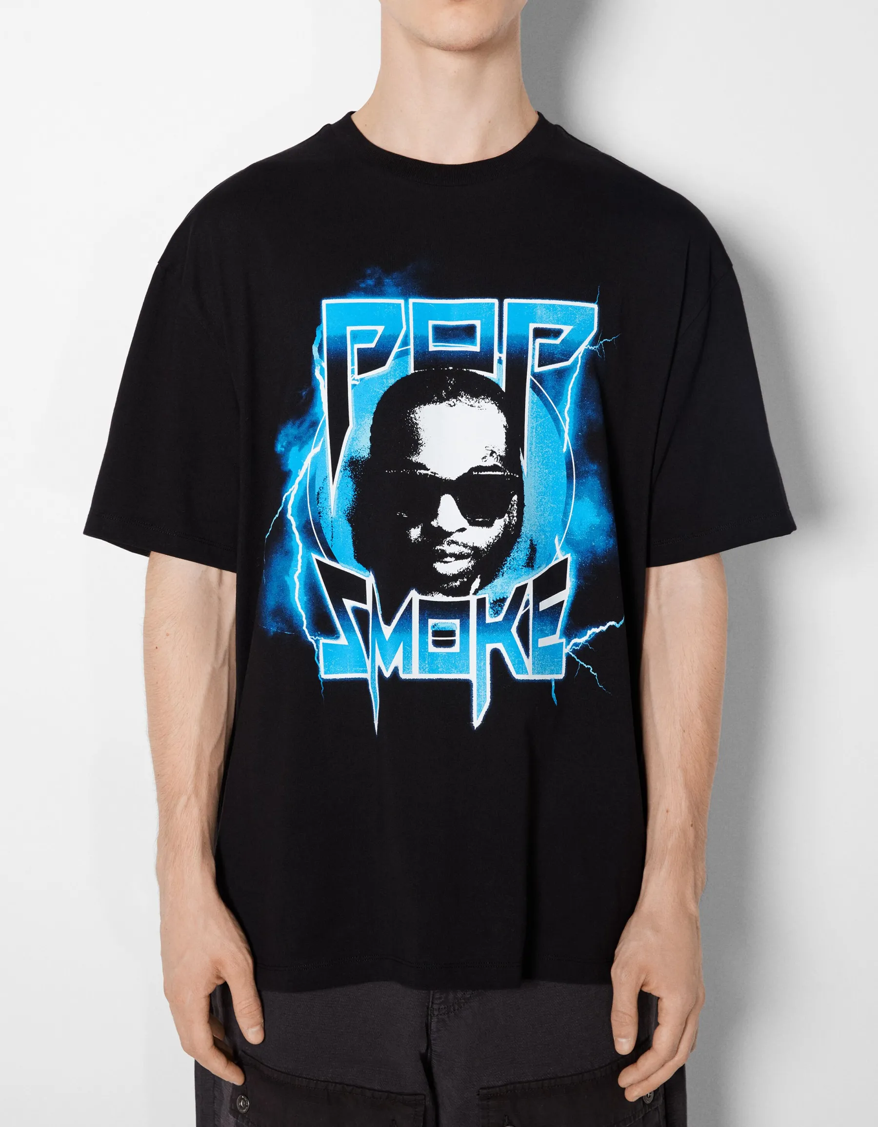 BERSHKA T-shirt boxy fit Pop Smoke Noir Clearance