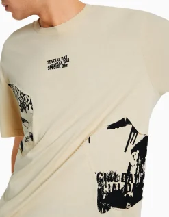 BERSHKA T-shirt boxy manches courtes imprimé Camel Cheap