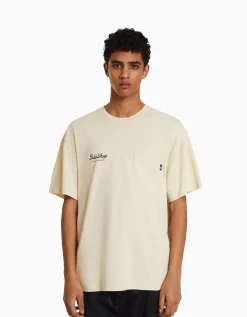 BERSHKA T-shirt boxy manches courtes imprimé Camel Discount