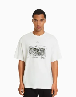 BERSHKA T-shirt boxy manches courtes imprimé Blanc Store