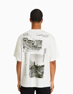 BERSHKA T-shirt boxy manches courtes imprimé Blanc Store