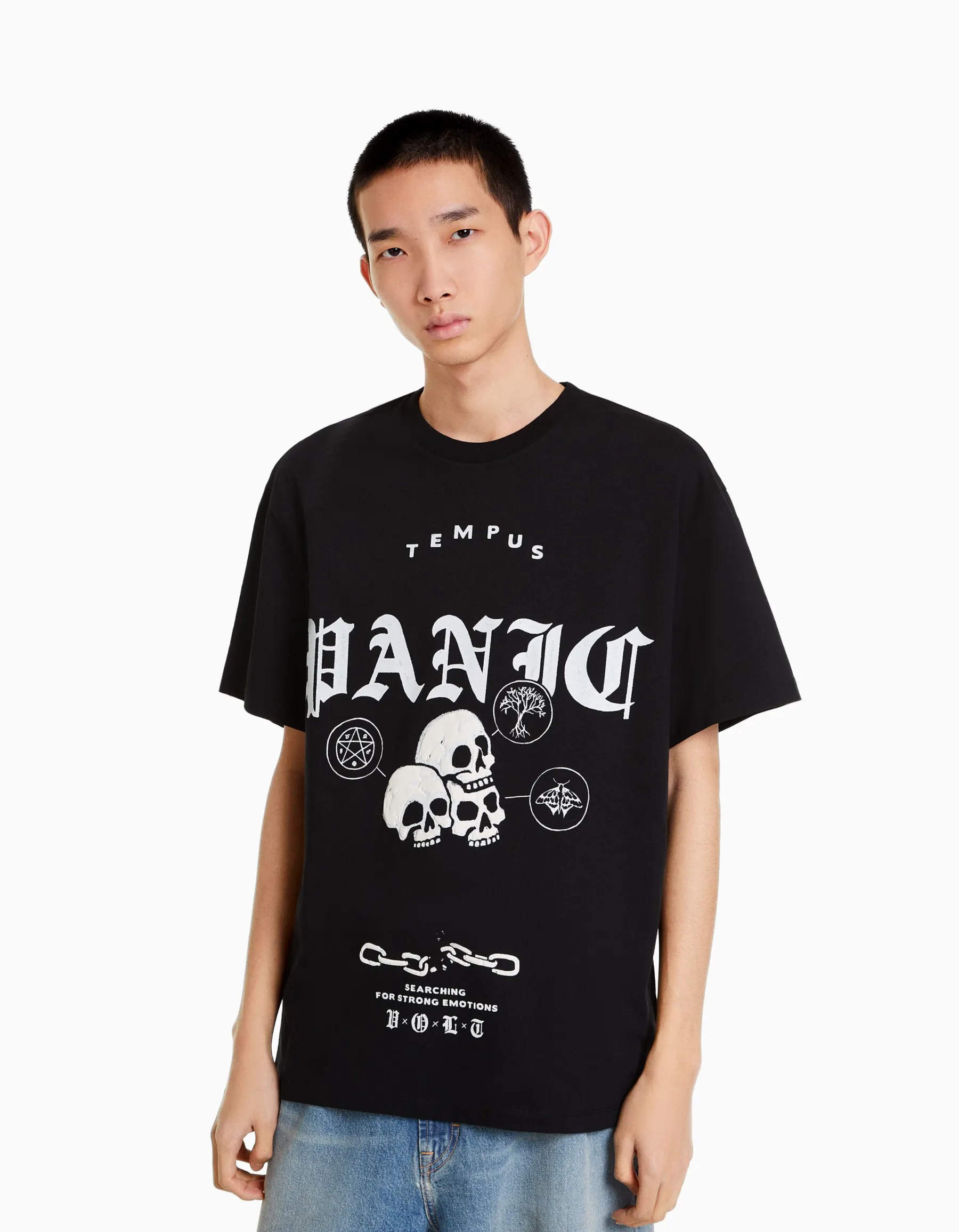 BERSHKA T-shirt boxy manches courtes imprimé Noir Hot
