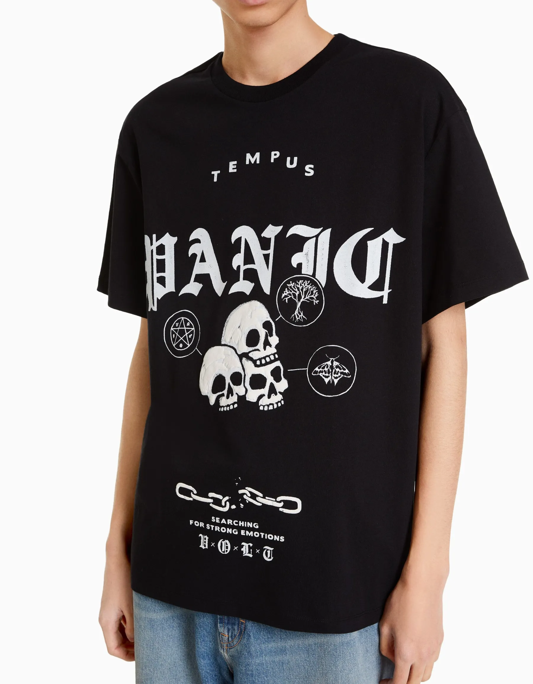BERSHKA T-shirt boxy manches courtes imprimé Noir Hot