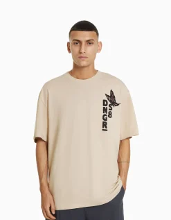 BERSHKA T-shirt boxy manches courtes imprimé Noir Best