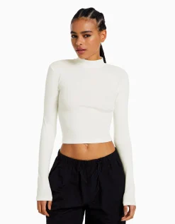 BERSHKA T-shirt col roulé manches longues Blanc cassé Outlet