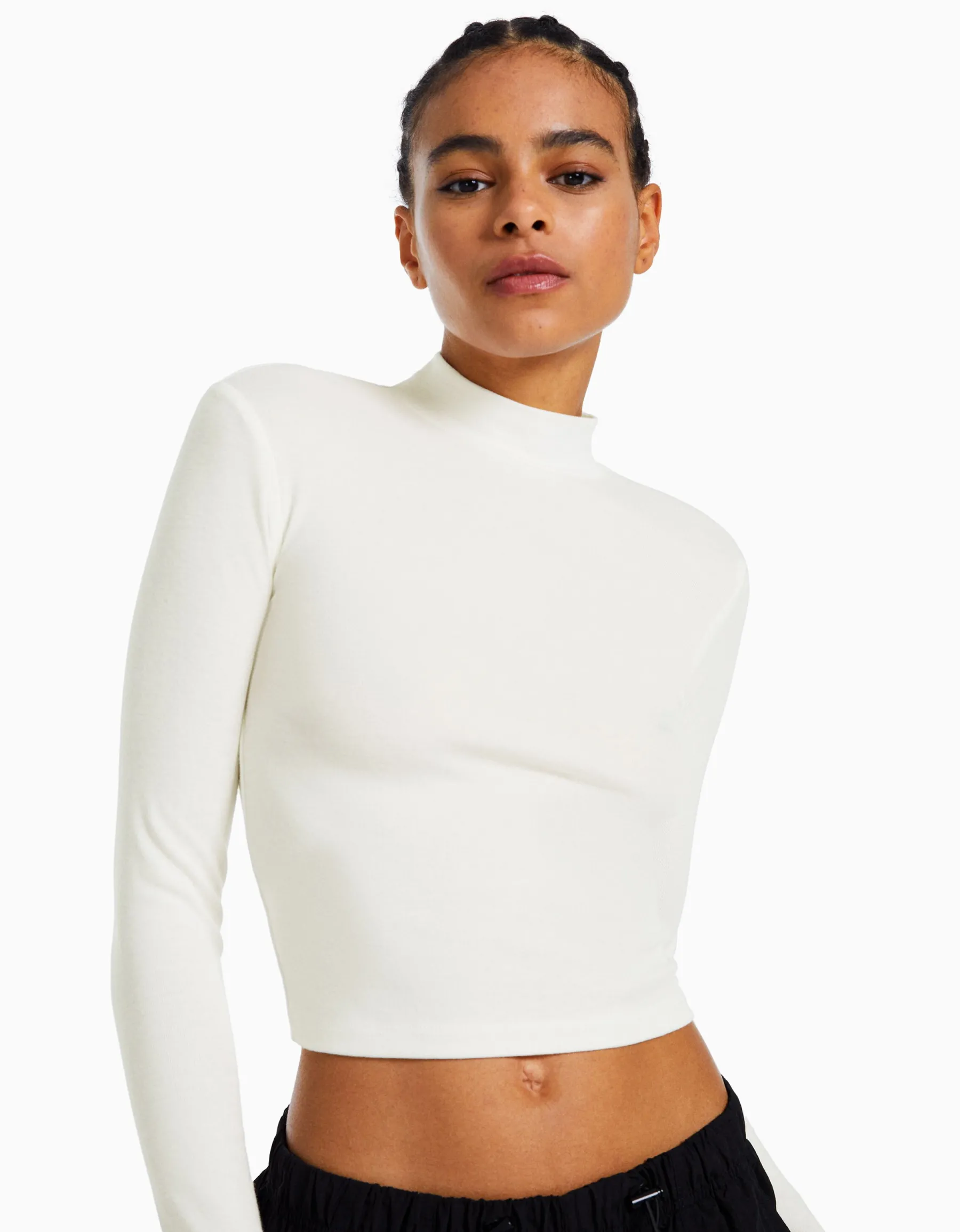 BERSHKA T-shirt col roulé manches longues Blanc cassé Outlet