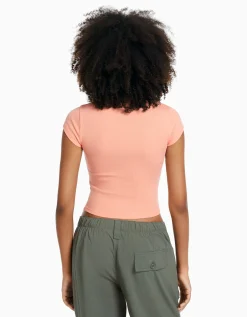 BERSHKA T-shirt manches courtes bord côte Orange Outlet