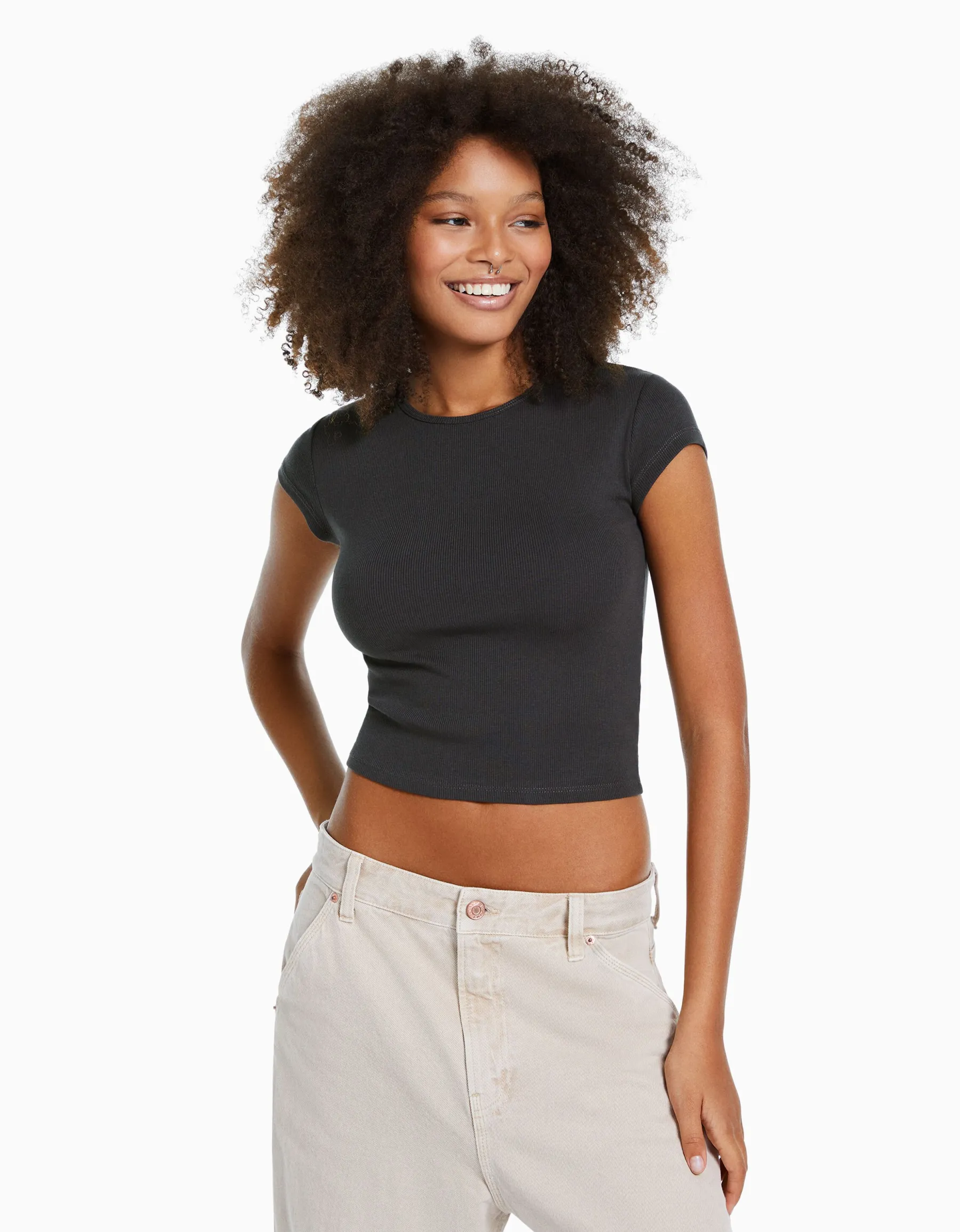 BERSHKA T-shirt manches courtes bord côte Gris Sale